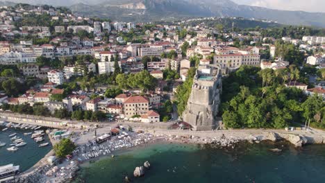 herceg novi city in montenegro, aerial establishing shot, pull back reveal