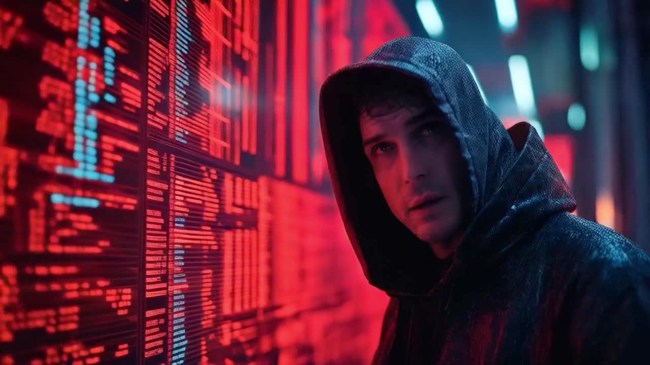 A man in a hoodie looking at a screen displaying code