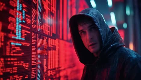 a man in a hoodie looking at a screen displaying code