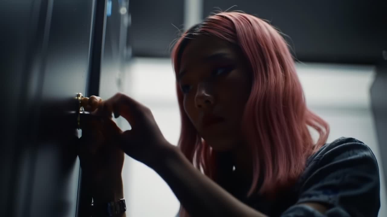 A Close-Up Of A Young Woman With Pink Hair Engaging In An Intriguing Moment As She Carefully Unlocks A Door With A Key, Capturing A Sense Of Mystery And Anticipation