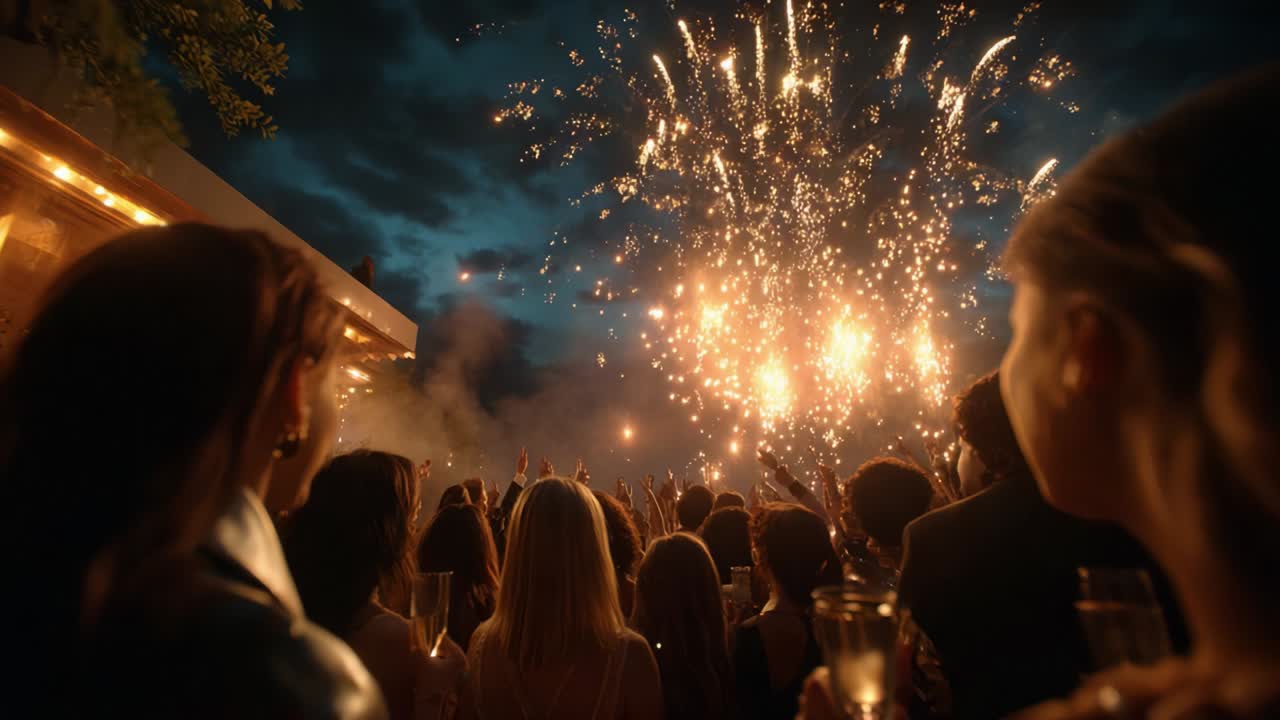 Spectacular Fireworks Display Illuminates Night Sky Over Enthusiastic Crowd of Revelers Celebrating a Milestone Event with Glasses Raised in Joyful Anticipation and Awe at the Stunning Pyrotechnic Performance