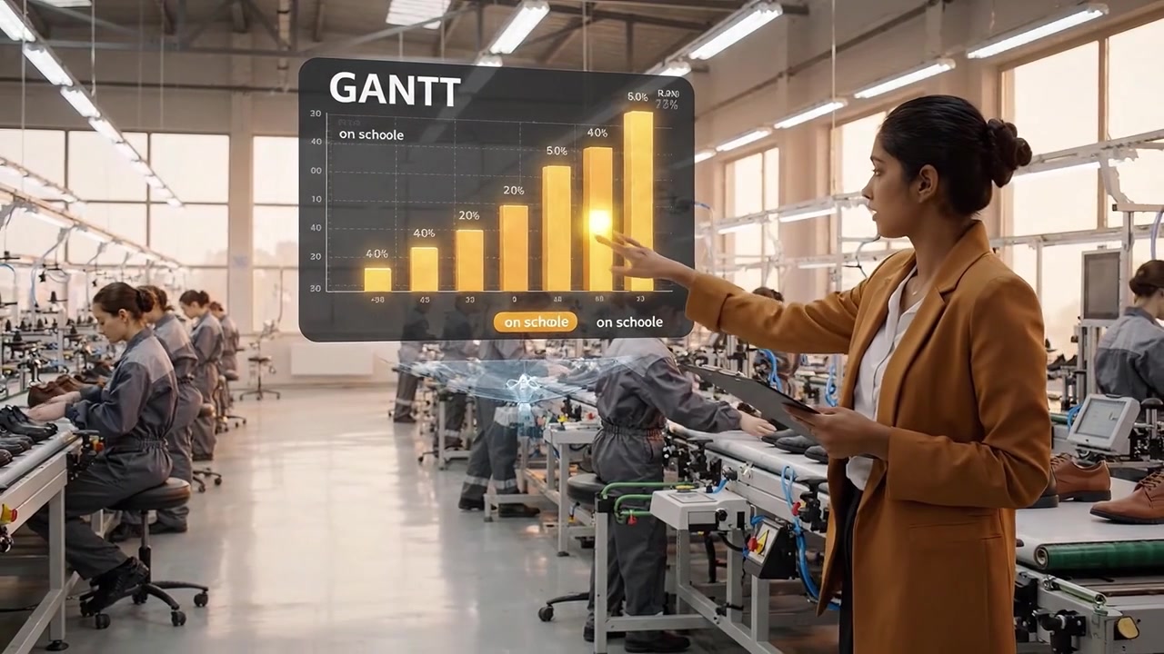Business Managers Interacting with Holographic Gantt Chart in Shoe Factory
