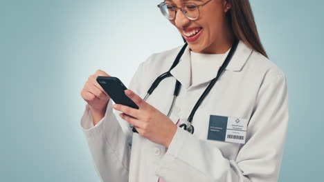 Doctor,-woman-and-phone-for-chat-in-studio