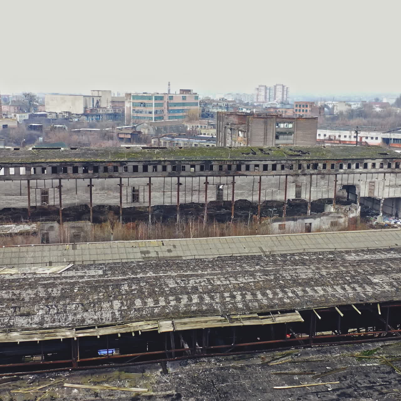 Aerial view of an abandoned industrial plant. Abandoned old chemical factory.