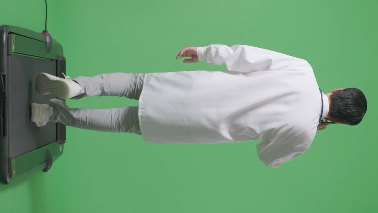 병원에서 녹색 화면 배경에서 는 동안 스마트폰으로 말하는 스테토스코프를 가진 아시아 남성 의사