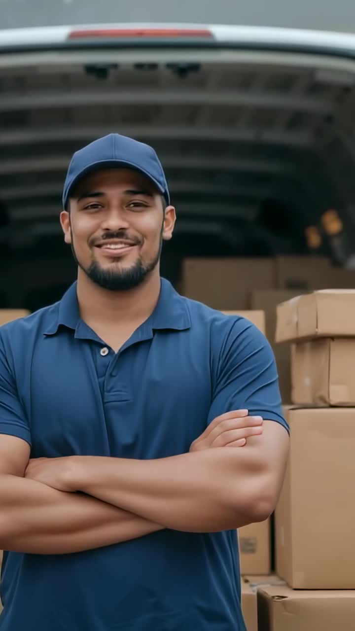 Vídeo vertical: la cámara hace zoom, conductor sonriendo y posando en una furgoneta abierta con cajas y una gorra azul marino