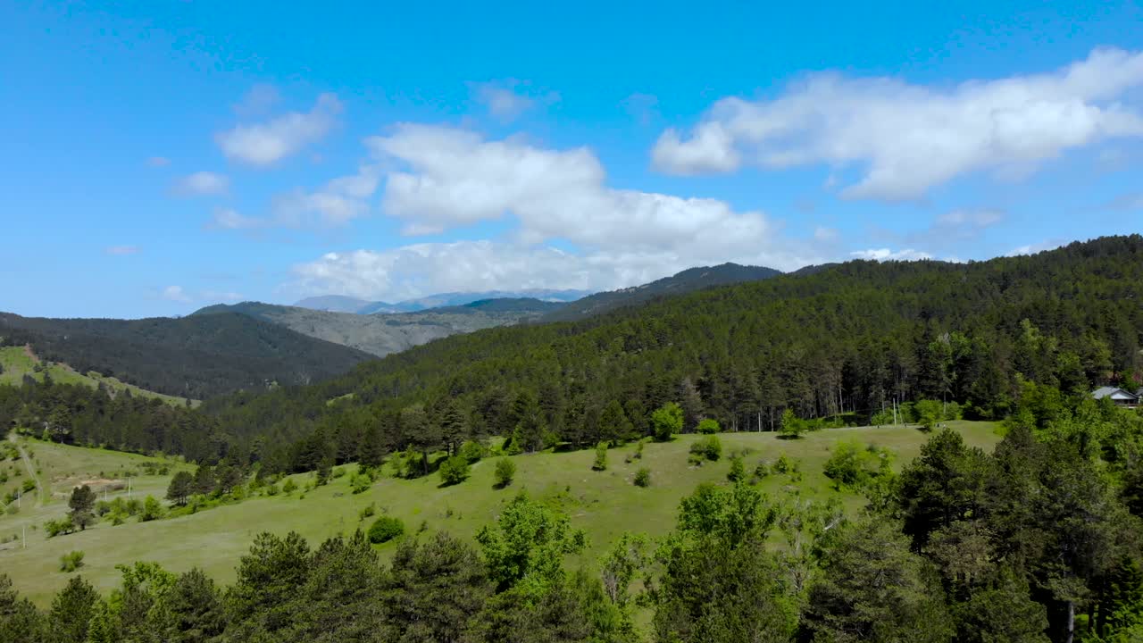 Paesaggio montano paradisiaco con verdi prati e una pineta su splendide colline nei Balcani