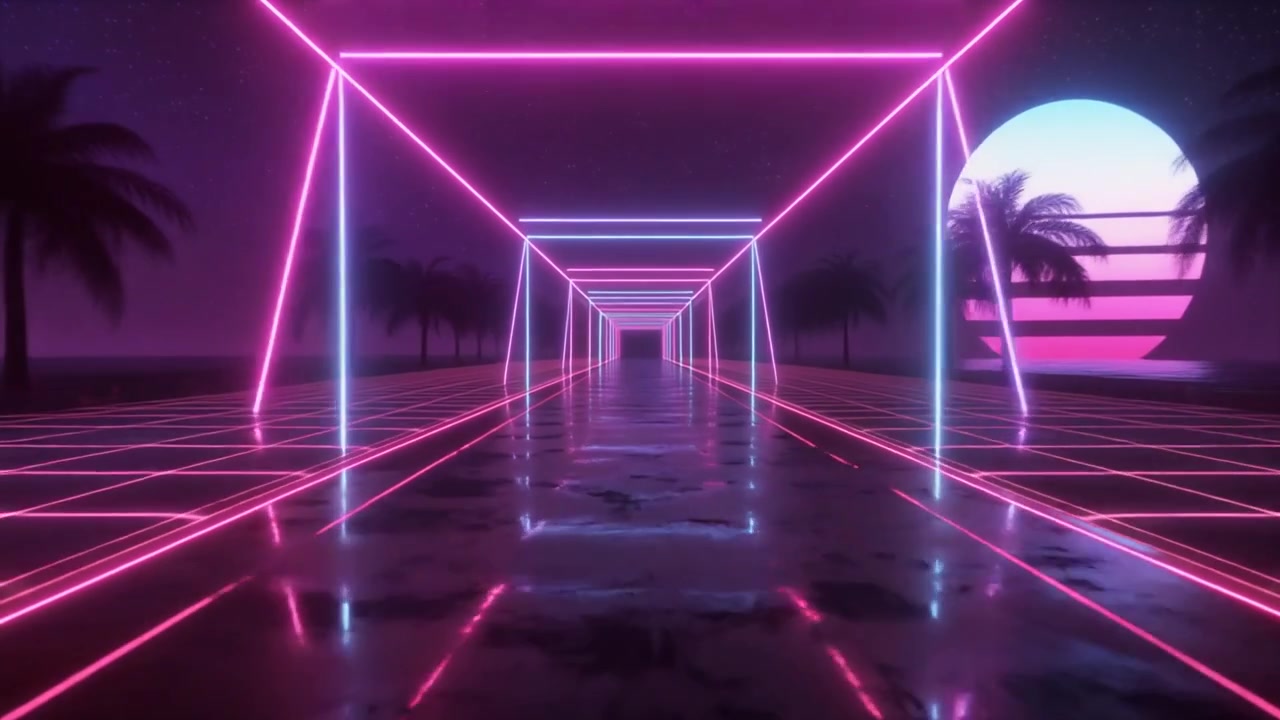 Tunnel al Neon Synthwave Retrò con Palme e Tramonto