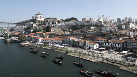 riverbank drone shot of a beautiful cityscape in porto, portugal