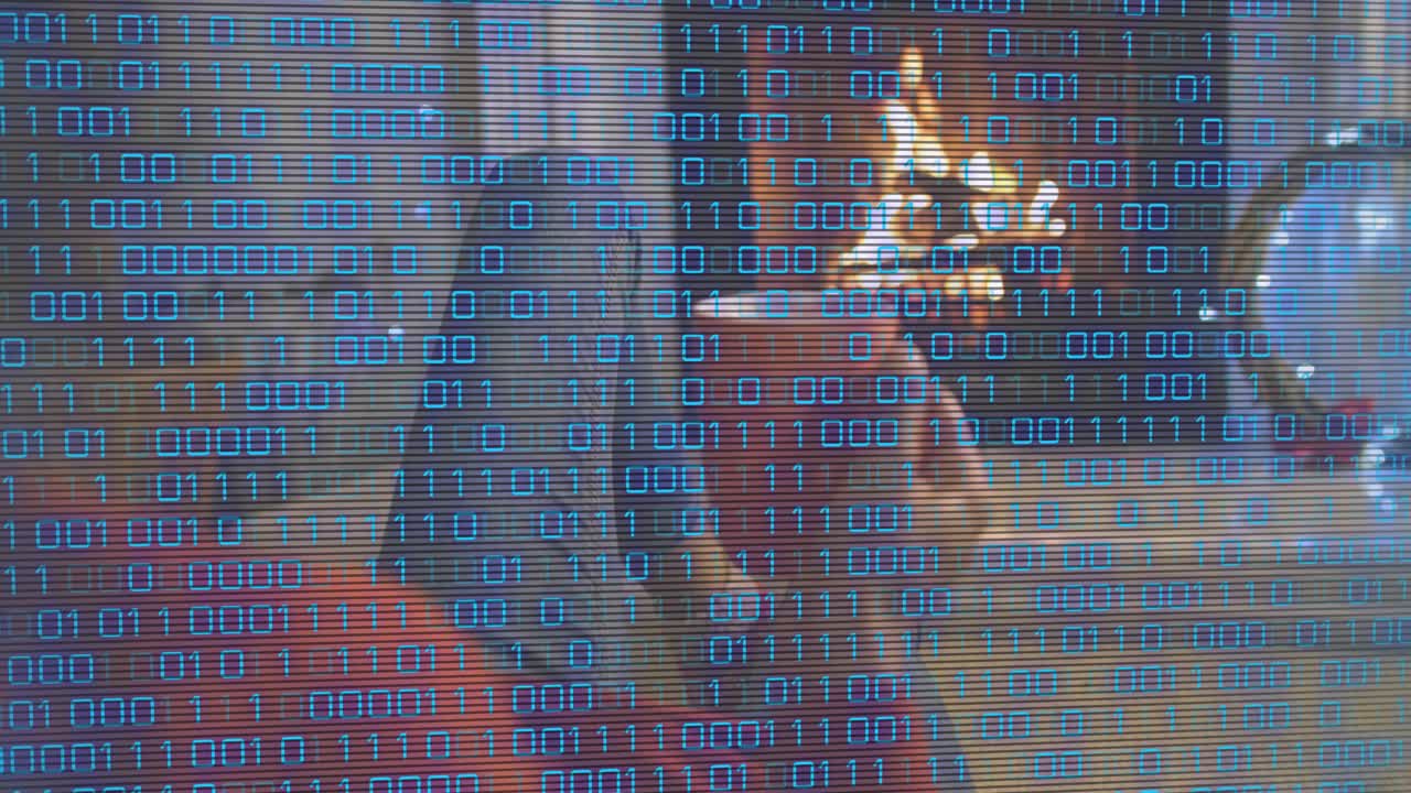 Woman reclining on sofa resting red socked feet on table while binary digits streaming intensifying