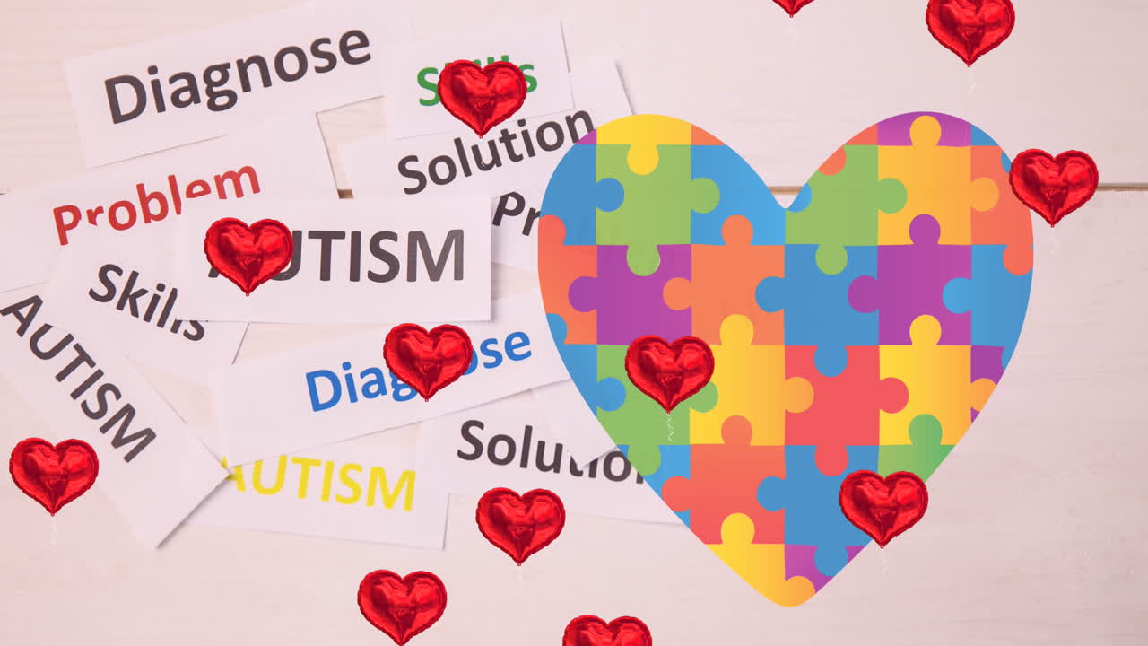 퍼즐과 자폐증 텍스트로 만든 심장 위의 심장의 애니메이션