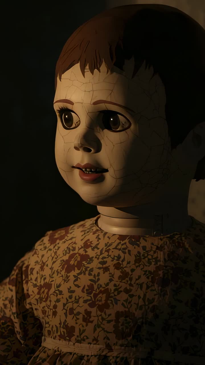Vertical video: Rotating head antique doll wearing floral dress in room, revealing crackled paint
