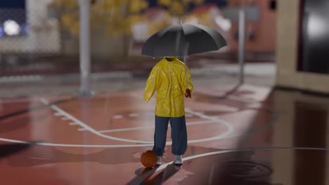 escena de la cancha de baloncesto de una noche lluviosa