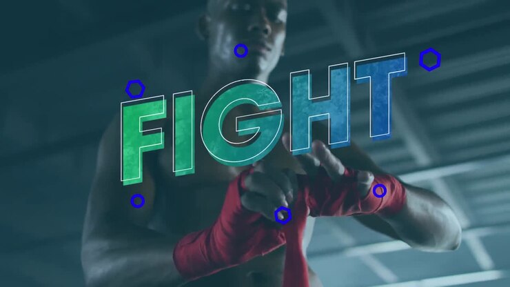 Animazione del testo 'fight' su un uomo che si lega dei nastri alle mani.
