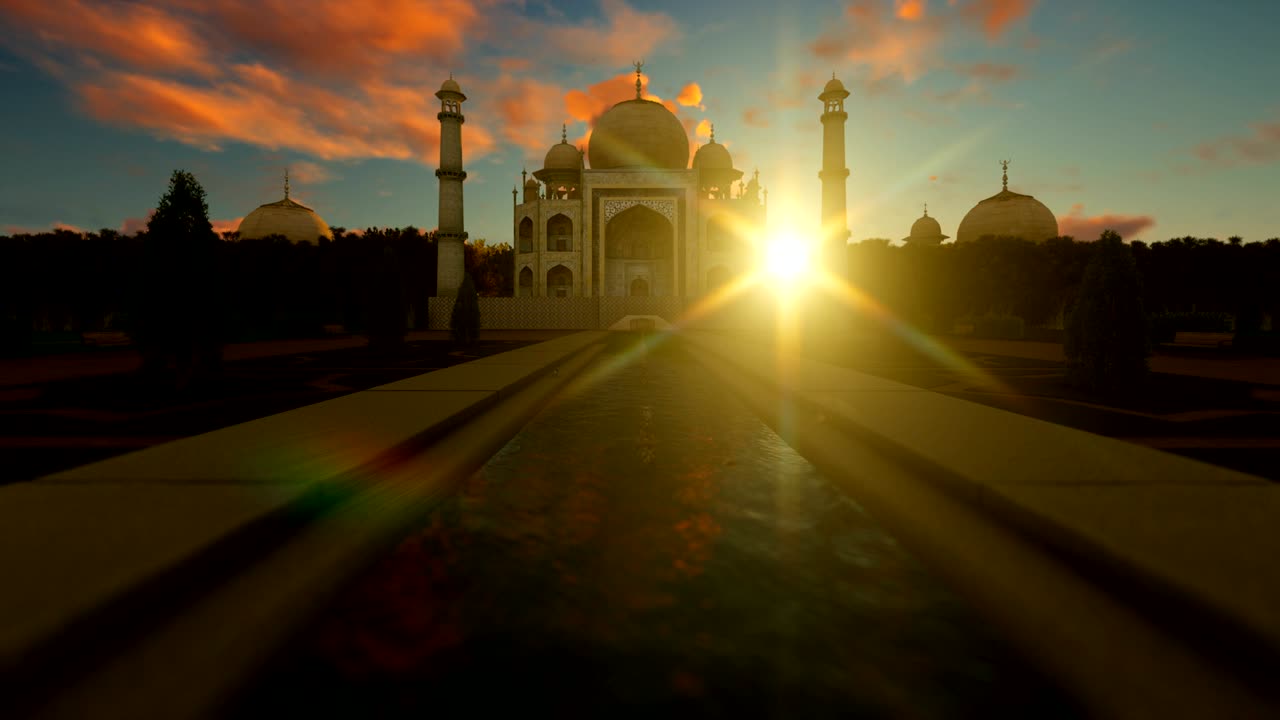 Taj Mahal contro un bellissimo cielo al tramonto, 4K.