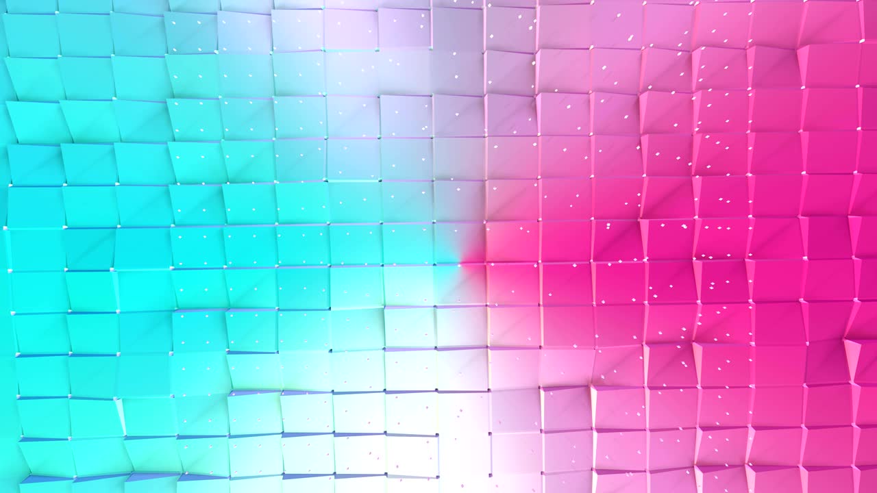 추상적인 단순한 파란색, 분홍색, 낮은 폴리 3d 표면과 예술 배경으로 날아다니는 색 결정, 순수한 푸른 분홍색 다각형의 부드러운 기하학 저 폴리 배경, 4k fullhd 원활한 루프 배경.