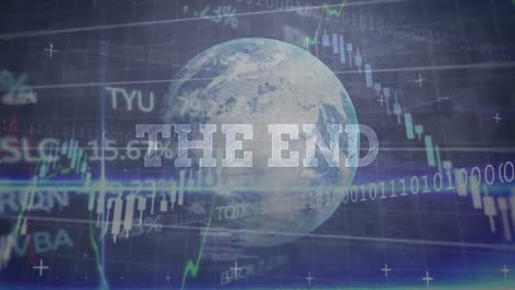 마지막 텍스트 배너의 애니메이션은 파란색 배경에 대한 금융 데이터 처리 및 지구입니다.
