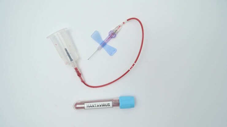 Blood being drawn into a hantavirus test tube using a butterfly needle isolated on a white background