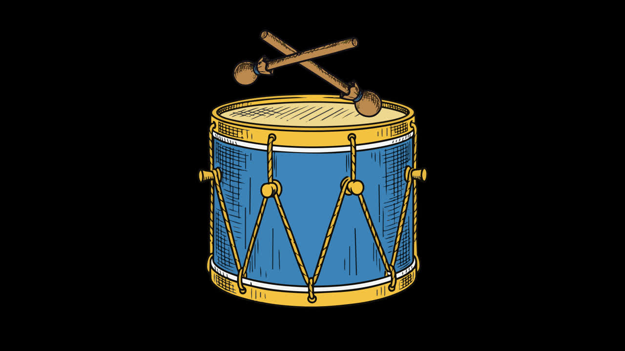 Drum Biru Ilustrasi dengan Stik Drum di Latar Belakang Hitam.