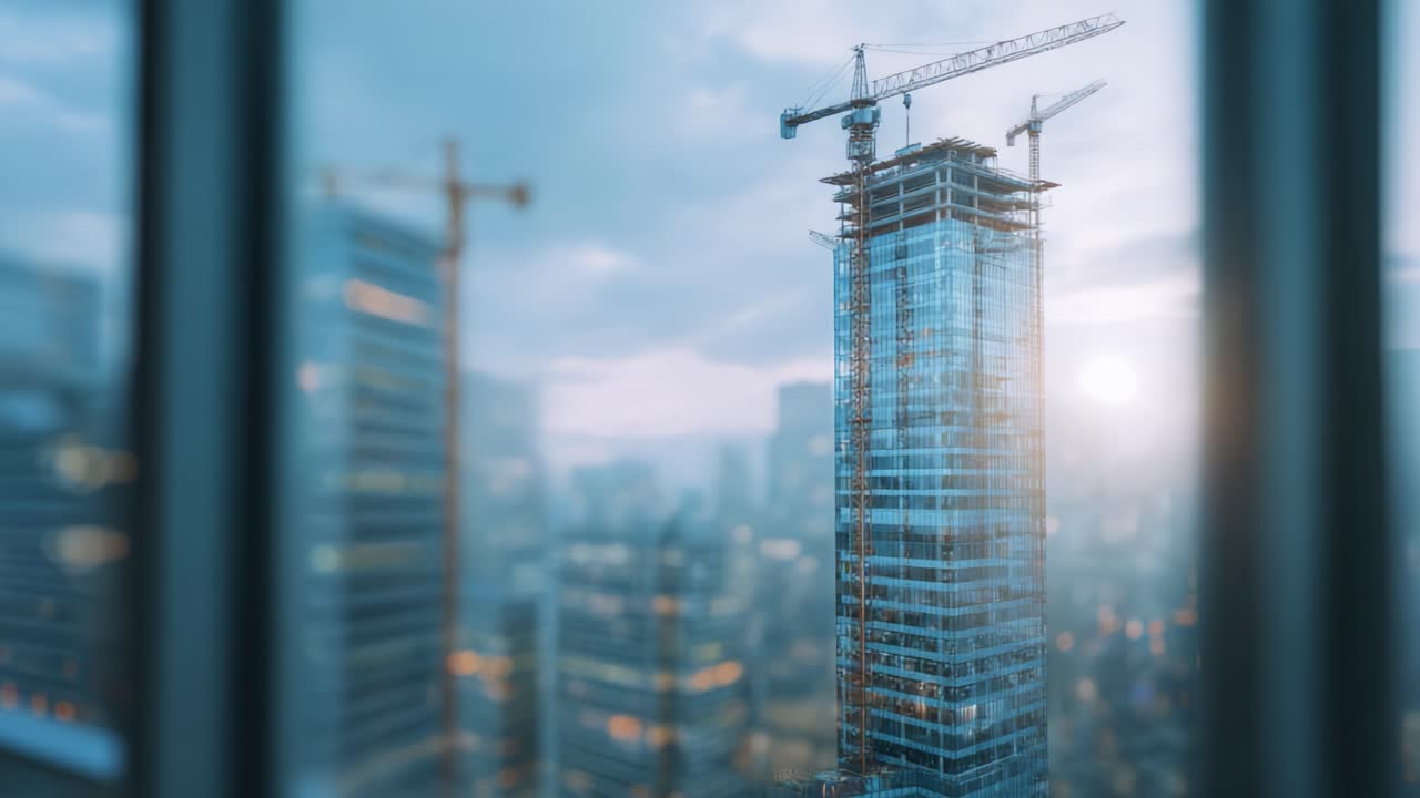 Construcción moderna de rascacielos capturada a través del cristal, que muestra la arquitectura urbana y el diseño innovador de un edificio emblemático de la ciudad en crecimiento bajo cielos nublados.
