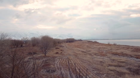 rising above the trees to reveal a shoreline along a vast lake with snowy mountains in the distance