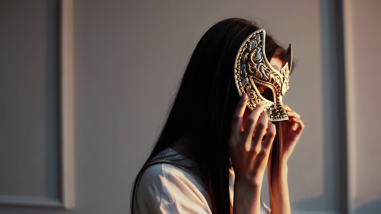 Woman Adjusting an Ornate Golden Mask