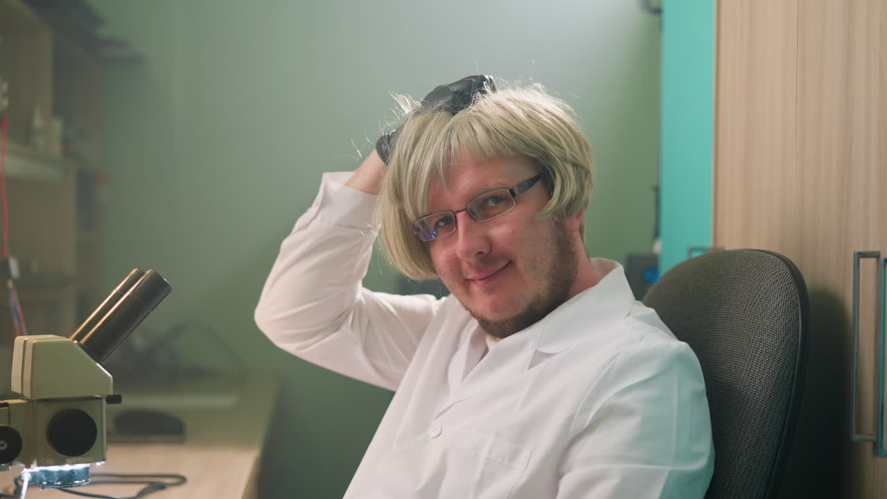 백색 실험실 코트와 금발 가발을 입은 기술자가 현미경 에 실험실에 앉아있는 동안 검은 장갑을 입은 손으로 머리를 장난스럽게 고 있는 근접한 모습