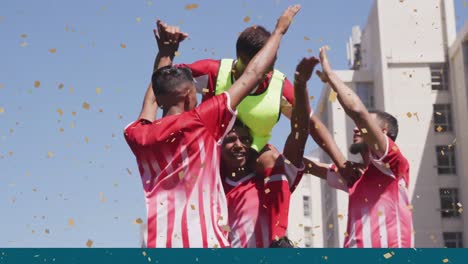 Animation-of-confetti-falling-over-male-football-team-celebrating-on-pitch