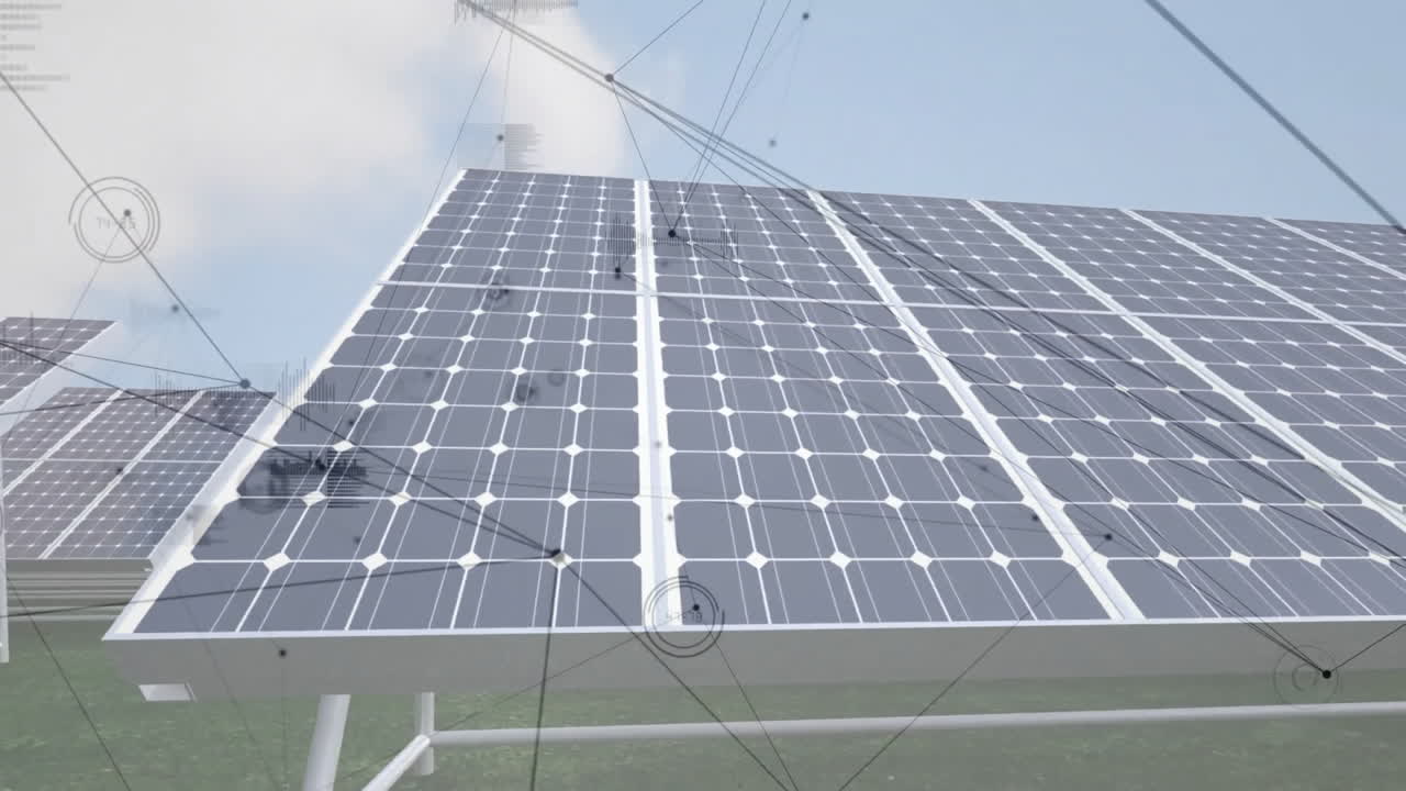 데이터 프로세싱 애니메이션과 함께 하늘과 녹색 필드에 대한 태양 패널