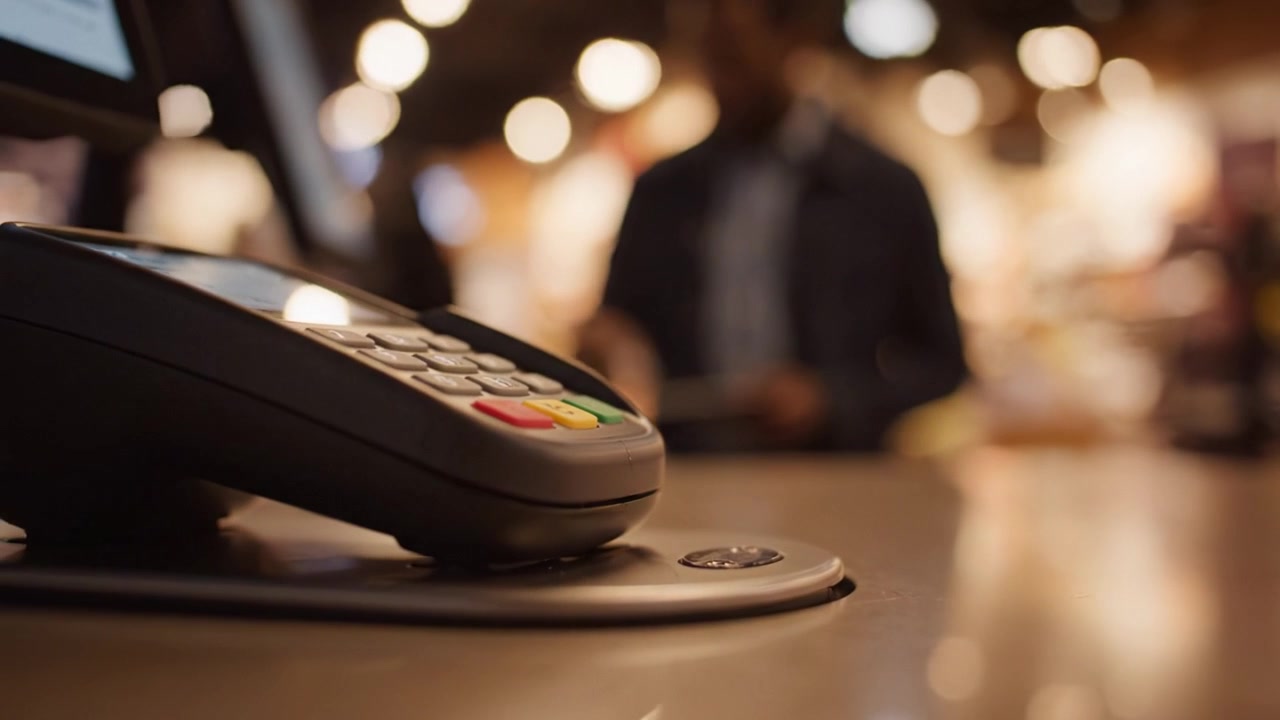 Close-up of a Payment Terminal with Blurred Background of a Retail Environment, Highlighting Modern Transaction Technology and Consumer Experience.