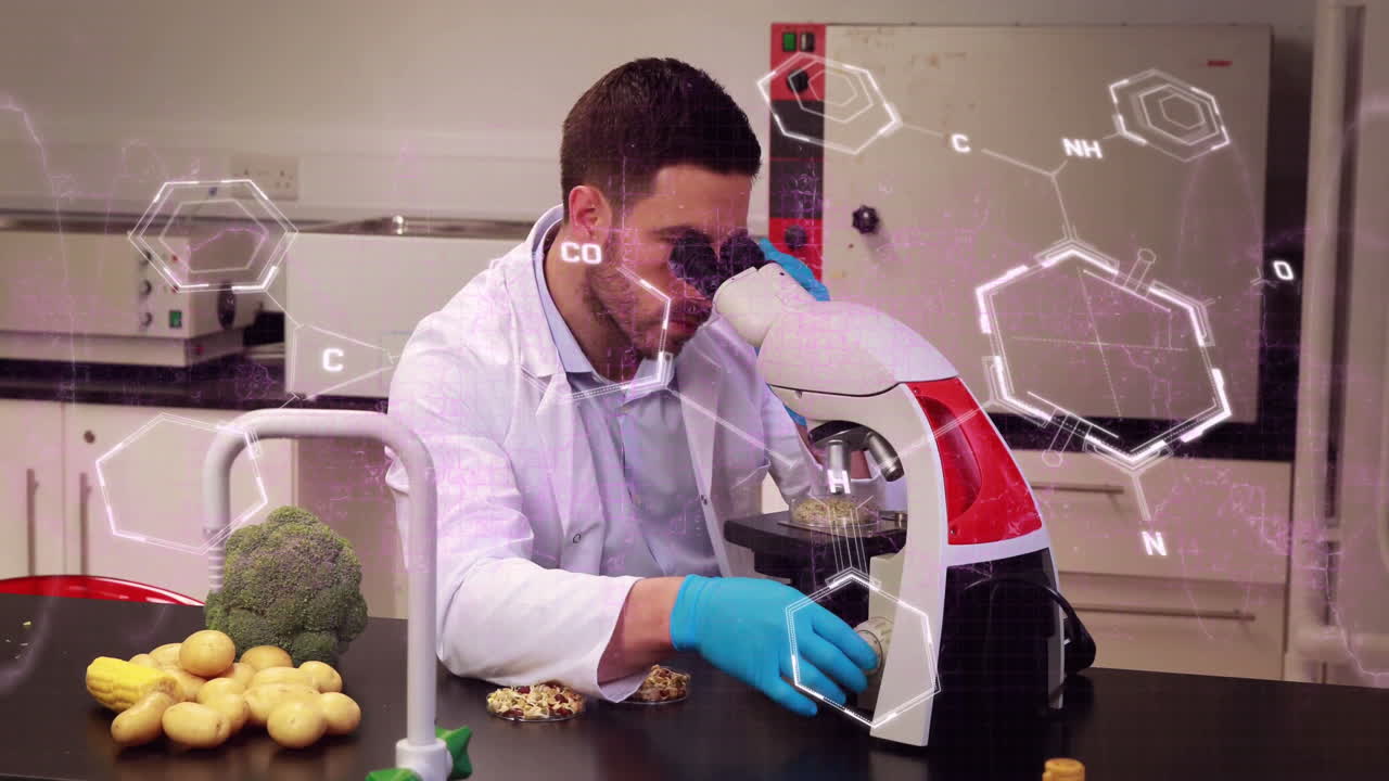 animación de la fórmula química sobre el científico caucásico que trabaja en el laboratorio