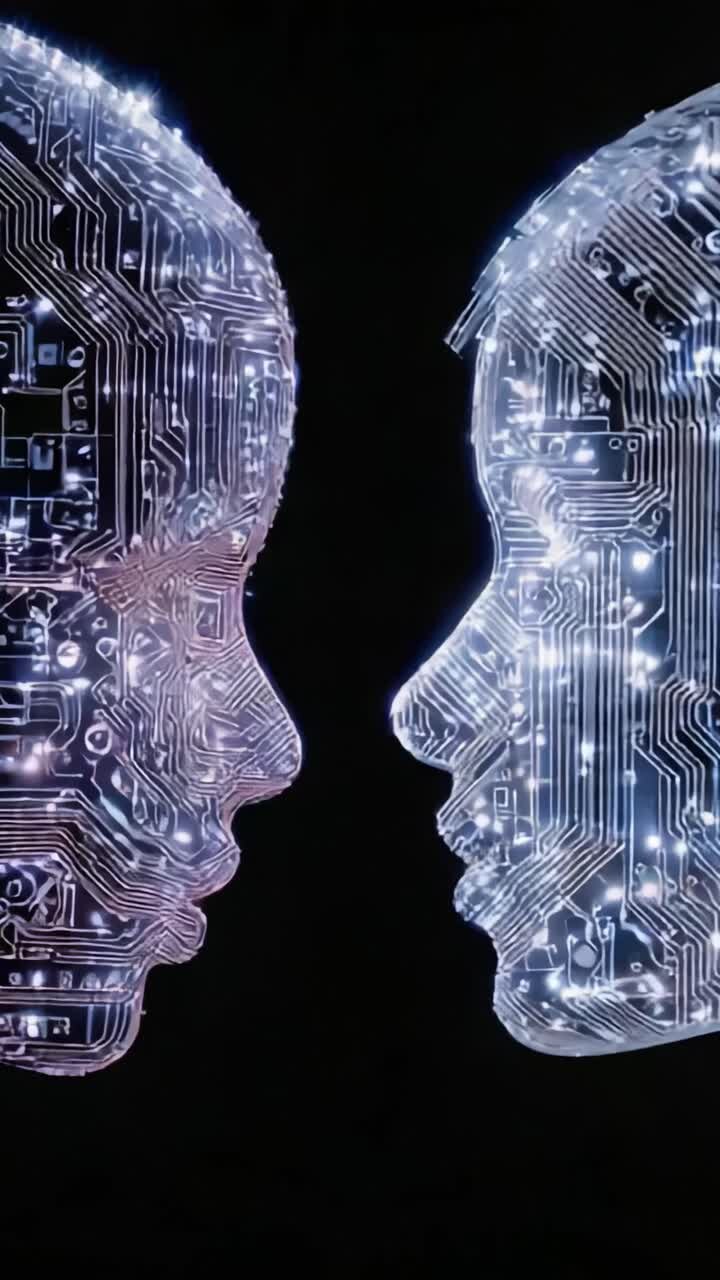 A Fascinating Encounter of Artificial Intelligence: Two Faces Merging Technology and Humanity Through Glowing Circuit Patterns Representing Digital Connections