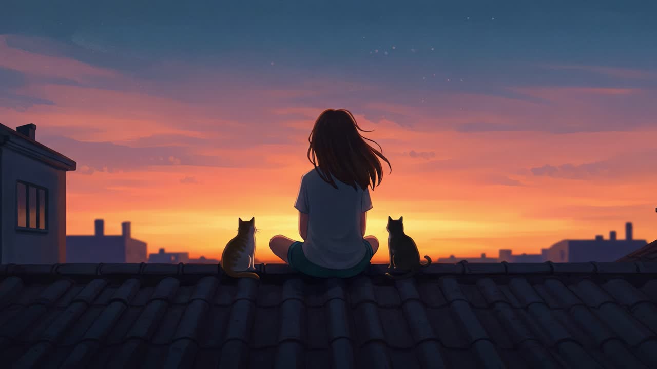 A tranquil evening scene featuring a girl sitting on a rooftop, enjoying a beautiful sunset with two cats, embodying peacefulness and companionship in a serene environment
