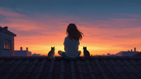 a tranquil evening scene featuring a girl sitting on a rooftop, enjoying a beautiful sunset with two cats, embodying peacefulness and companionship in a serene environment