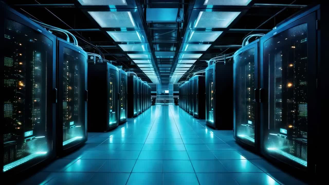 Futuristic server room with a low-angle view, showcasing sleek, illuminated racks