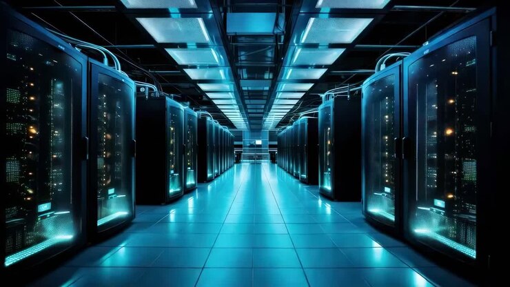 Futuristic server room with a low-angle view, showcasing sleek, illuminated racks
