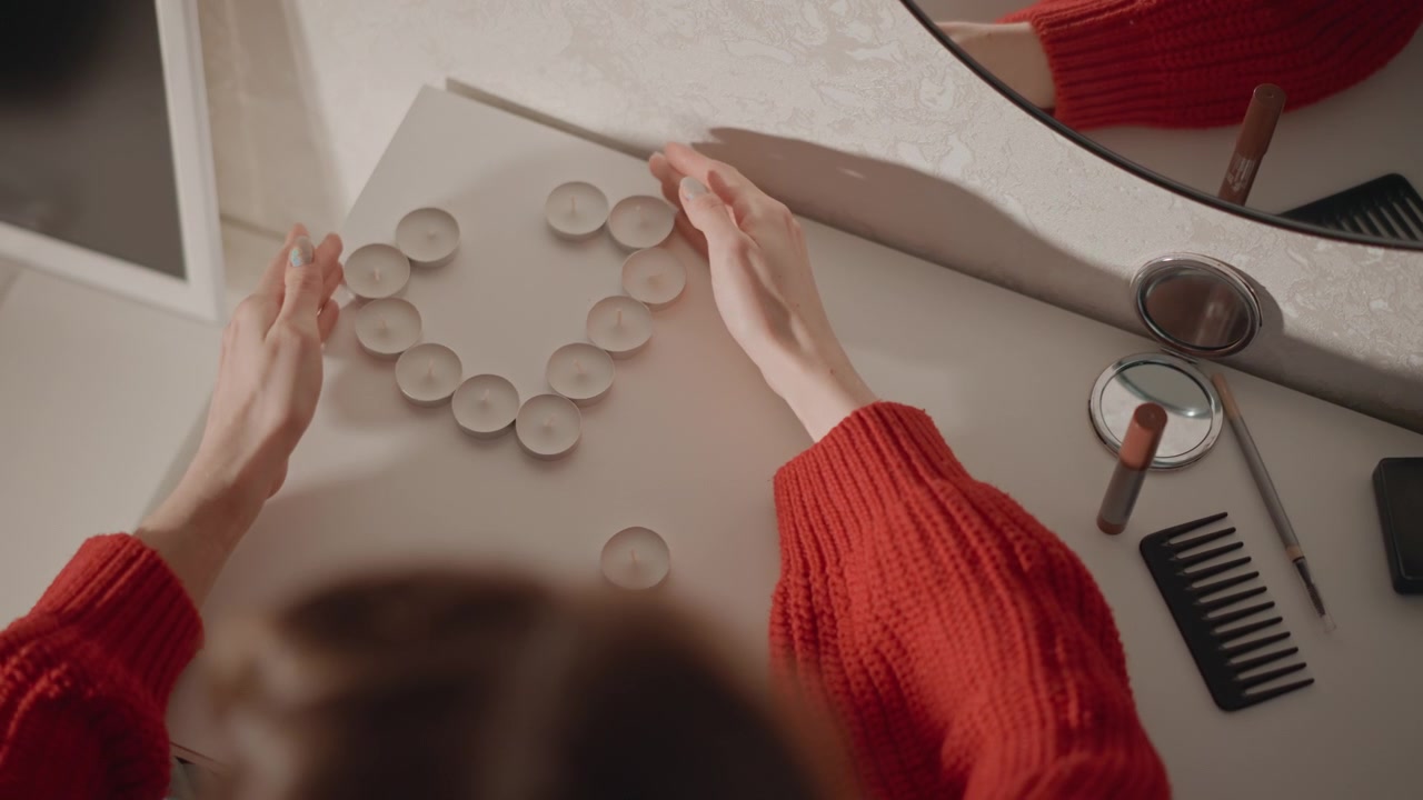 High-angle view shows hands in red sweater placing clear glass marbles into curved circle on beige desk, adjusting positions with gentle motion blur, soft light, calm indoor composition