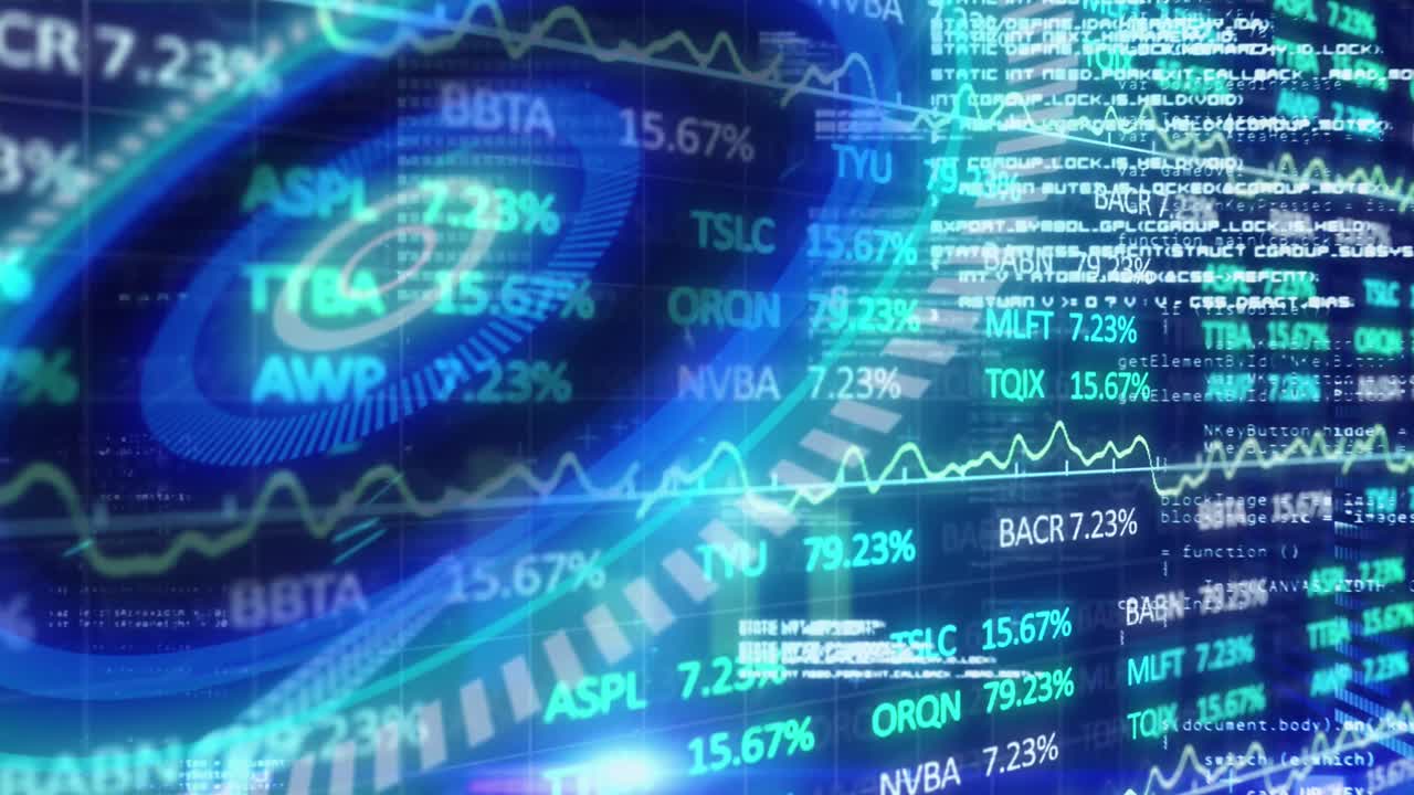 Animação digital de processamento de dados do mercado de ações sobre scanner redondo neon em fundo azul.