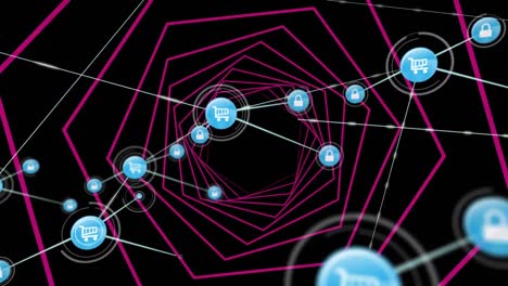 Netzwerk-Digitaler-Symbole-Vor-Neonrosa-Leuchtendem-Sechseckigem-Tunnel-Auf-Schwarzem-Hintergrund