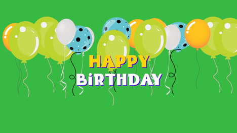 animación del texto de feliz cumpleaños sobre globos coloridos sobre fondo verde