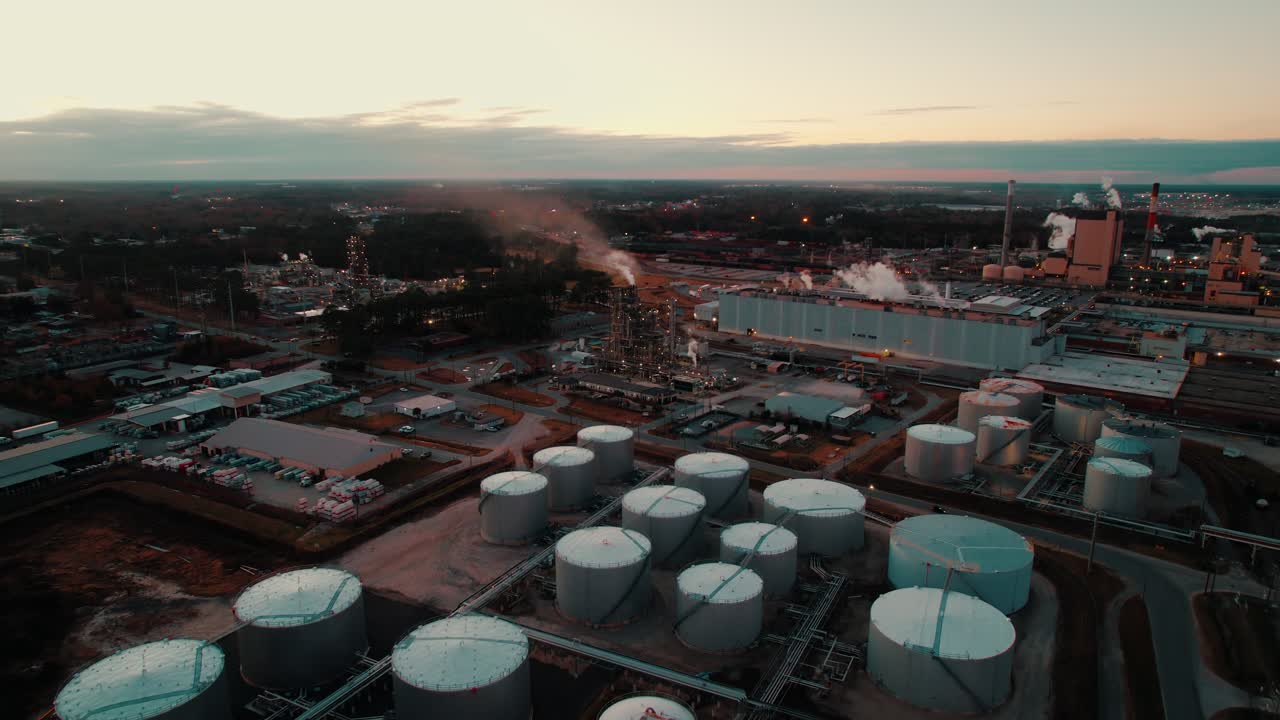 Sunset aerial view of a paper mill in Savannah, Georgia, featuring industrial tanks, smokestacks, and manufacturing infrastructure.