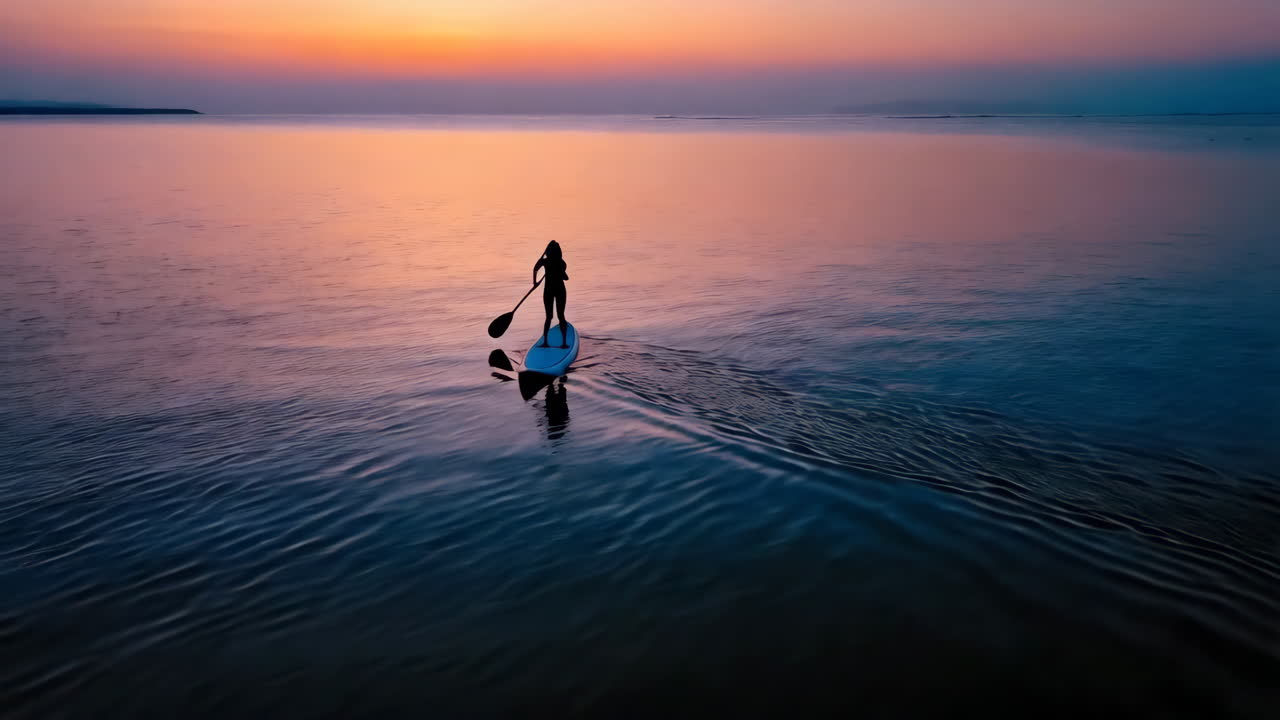 Silhouette of a woman paddleboarding at sunrise