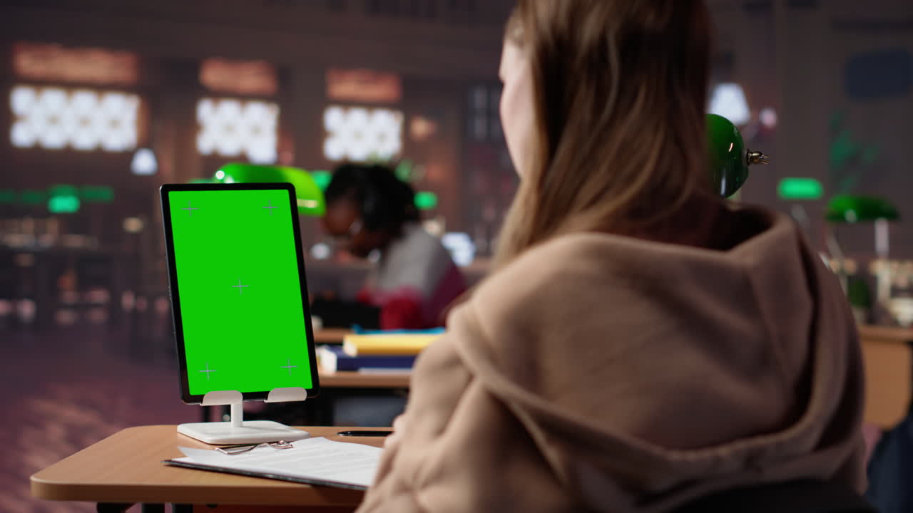 Vertical video young female student studies for upcoming exams with copy space