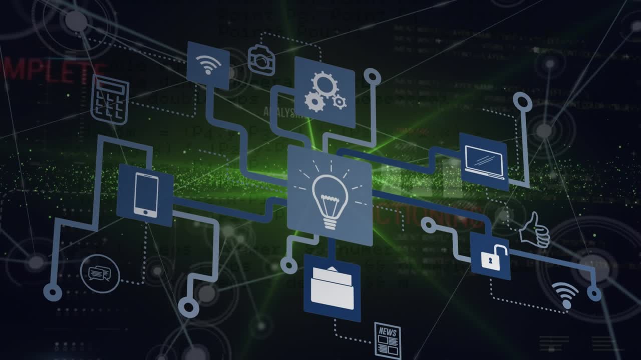 Digital video showcases global tech and data processing with animated snow and app interface