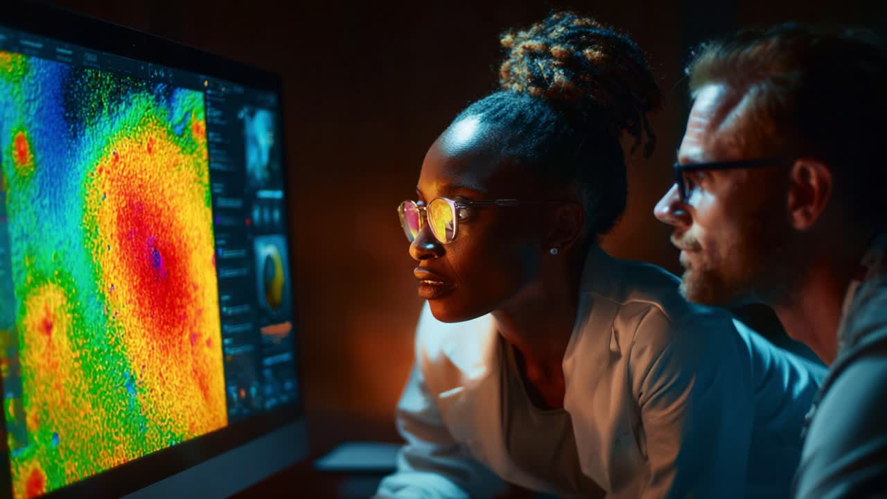 Focused Scientists Analyze Vibrant Data Visualization on Computer Screen, Uncovering Insights Through Collaborative Research and Advanced Technology in a Dimly Lit Laboratory Setting
