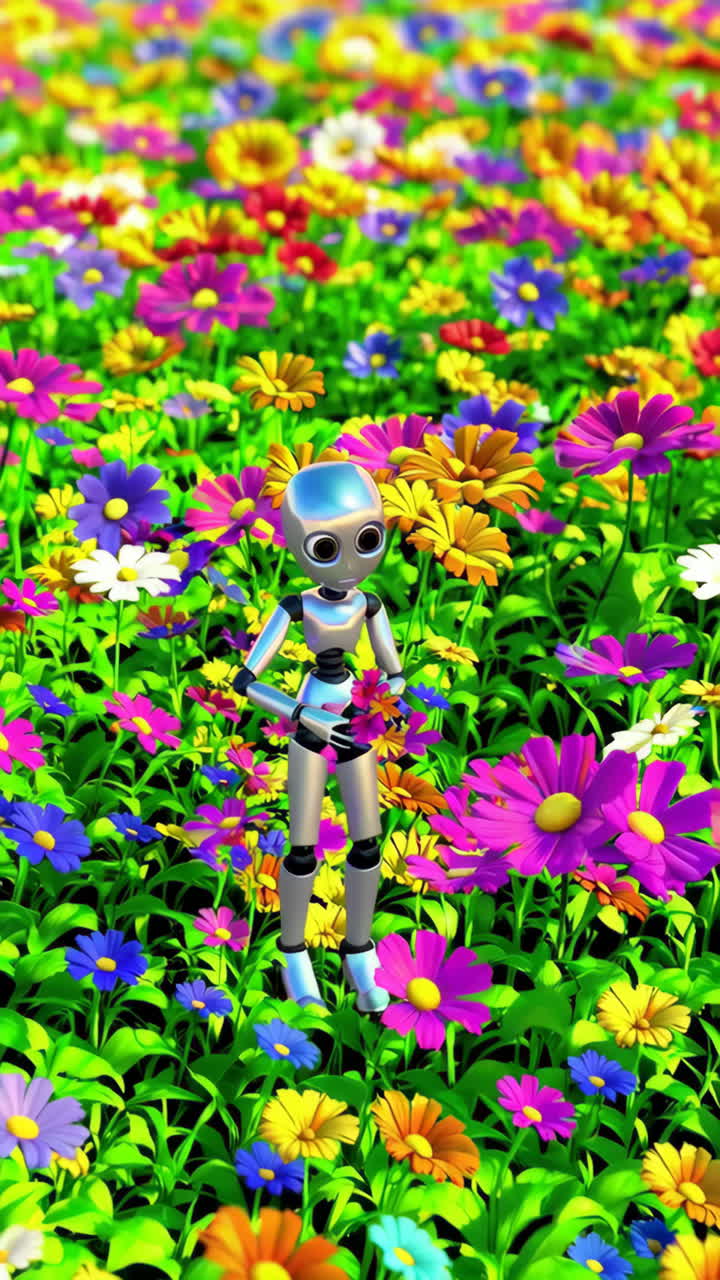 Søt robot i en fargerik blomstereng