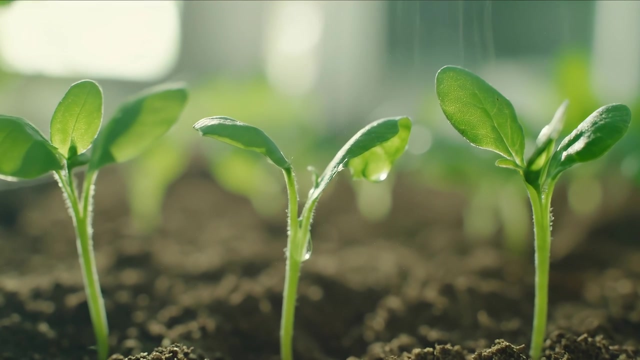 Gocce d'acqua che cadono su giovani germogli verdi nel terreno.