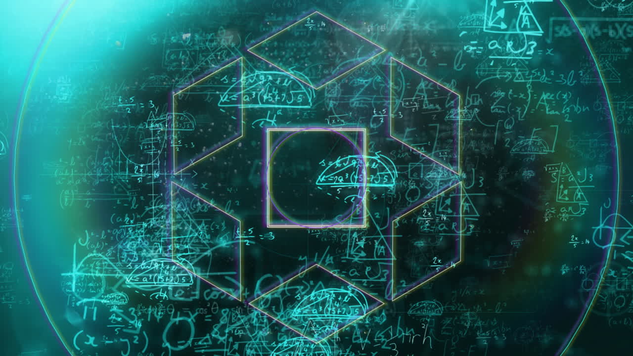 지구의 애니메이션과 검은 바탕에 수학적 데이터 처리