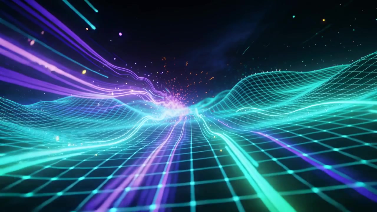 Surging wireframe grid and ribbons moving over neon valley, reacting to central spark burst