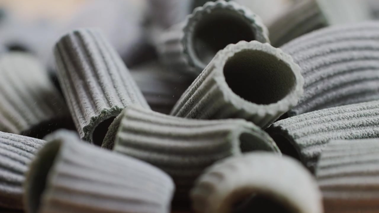 Pasta integrale biologica, maccheroni di semola di grano duro, penne rigate crude in una ciotola di legno. Filmato 4k di alta qualità